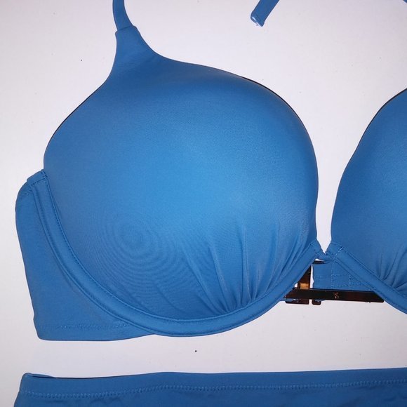 Victoria Secret Swim Bikini 38C Top Large Bottom Solid Blue Bombshell Push Up Ad - Picture 5 of 9